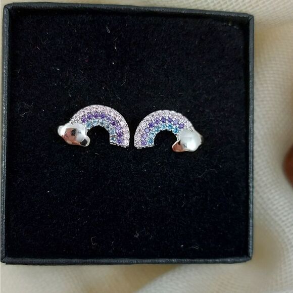 925 Silver Platinum Plated Rainbow Earrings - Picture 1 of 8